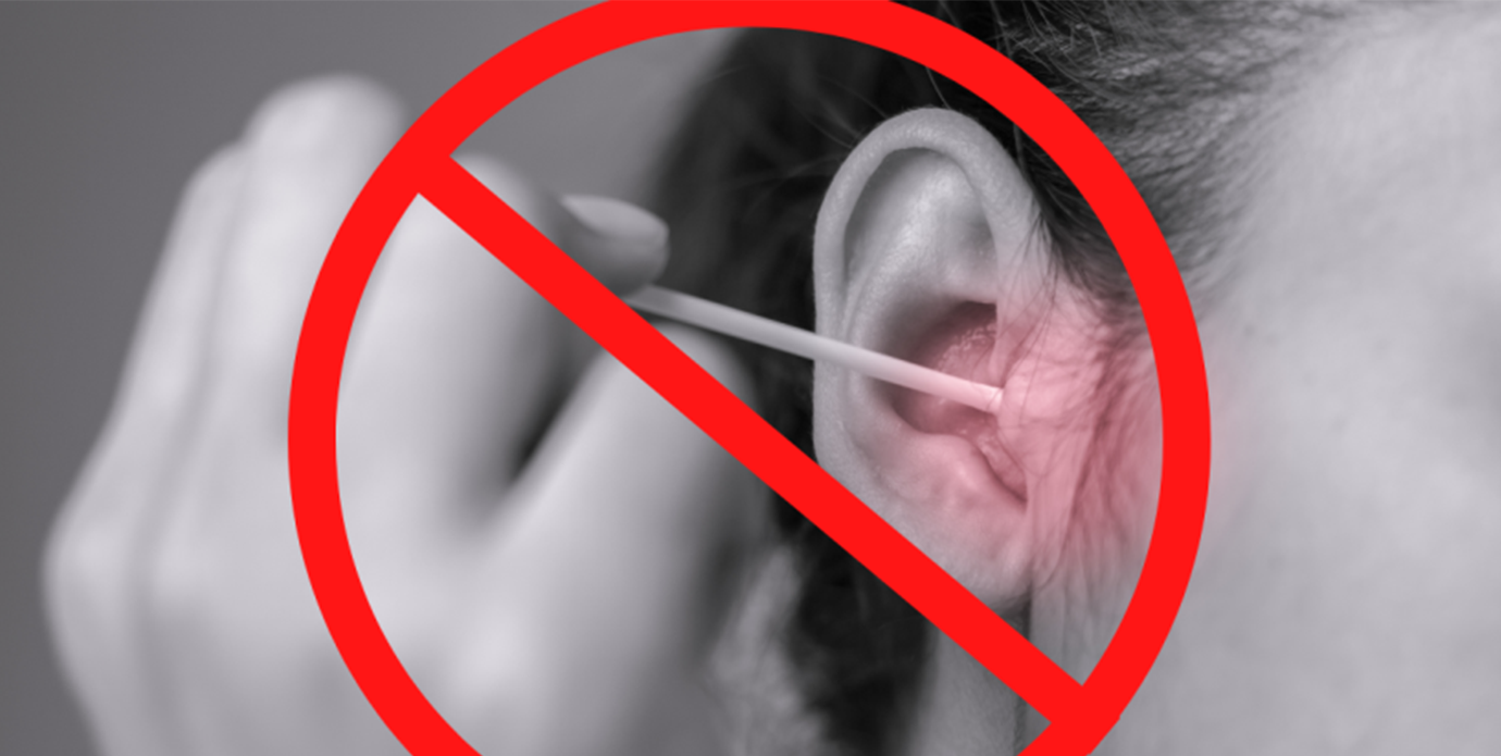Person cleaning ear with a cotton swab overlayed with a red stop sign